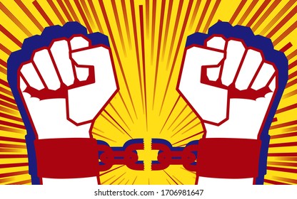 Hands in fetters with clenched fists break chain. Symbol of liberation and freedom. Revolution, call to fight. Vector bright dynamic cartoon illustration. Pop art