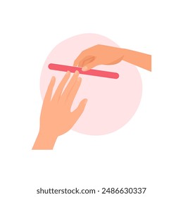 Manos que liman las uñas con la lima de uñas durante la Ilustración vectorial del tratamiento del spa de la manicura