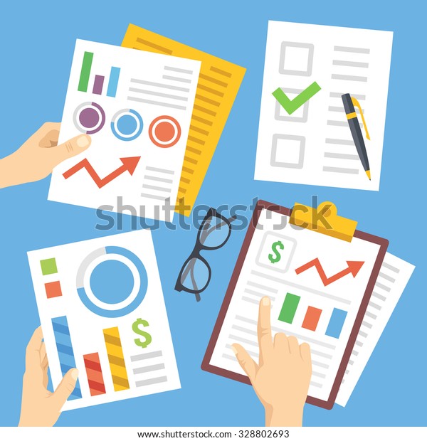 Hands with financial documents, papers,\
financial charts, reports, Modern flat design concept for web\
banners, web sites, printed materials, infographics. Creative\
vector illustration. Blue\
background