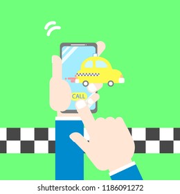 The hands and the finger holding mobile phone using taxi calling application,background,flat vector illustration cartoon character costume design isolated