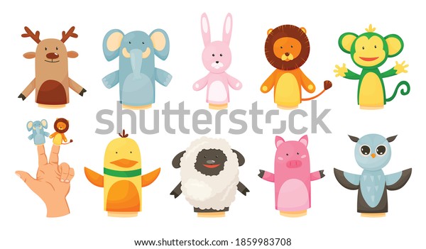 Hands or\
finger puppets play dolls collection. Cartoon color toys for\
children theater, kids games. Vector cute and funny animal\
character, isolated icon on white\
background