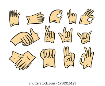 Hands finger signs set. Hand drawn colorful doodle sketch. Vector illustration.