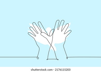 hands and fingers crossed and white bird silhouette    one line drawing vector  concept dove peace symbol