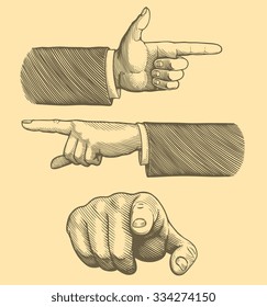 Hands, Fingers. Design set. Hand drawn engraving. Vector vintage illustration. 8 EPS