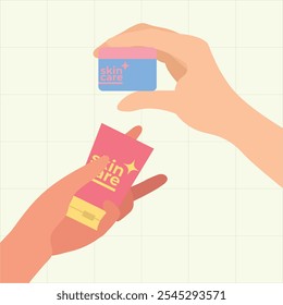Hands fingers gestures holding two small skincare in flat illustration