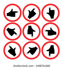 Hands and fingers inside red signs on a white background, vector
