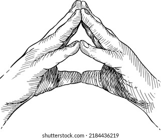 Hands with fingers joined in triangle. Hand language. Black and white vector illustration on white background