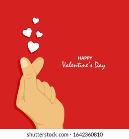 Hands with fingers in the shape of a heart on valentine's day. Saranghae (I love you). Korean sign. Vector illustration of an isolated with a red background