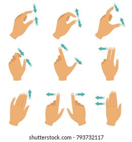 Hands and fingers touching screen of laptops, tablet and smartphones. Move finger gesture, touch and press illustration