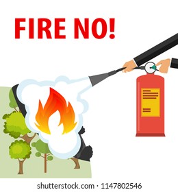 Hands with a fire extinguisher extinguish a fire. A hand with a fire extinguisher extinguishes a forest fire. Banner protection of the forest. Flat design, vector illustration, vector.