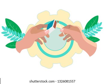 Hands fire to a match with a matchbox. In minimalist style. Flat isometric vector illustration