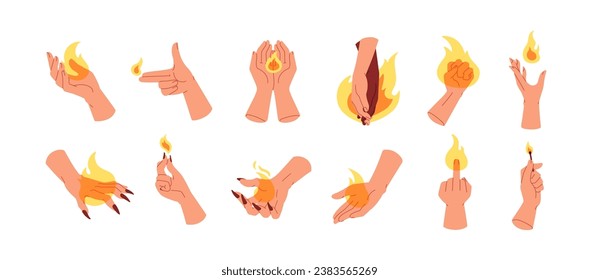 Hands with fire set. Holding burning flame, match, glowing blaze, light energy, evil power. Heat, hot passion, aggression gestures. Concept flat vector illustrations isolated on white background.