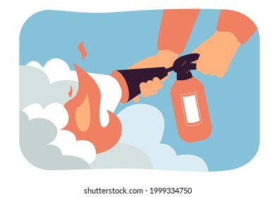 Hands of fireman with fire extinguisher. Man extinguishing fire while squeezing handle, flame in home flat vector illustration. Fire safety, emergency, caution concept for banner, website design