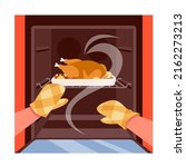 Hands in fireproof gloves open oven door vector illustration. Cartoon chef cooking roast chicken or turkey with potatoes on Thanksgiving dinner, grill meal inside electric kitchen equipment background