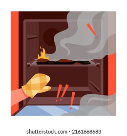 Hands in fireproof protection open oven door with fire and smoke inside, accident in kitchen vector illustration. Cartoon person in gloves making cookies in burning tray, burnt food background