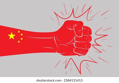 Hands fist facing other with the flags of China. Political, economic and military confrontation countries conflict. Пesture of confrontation, hostility, force, conflict Vector icon illustration