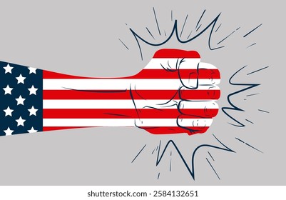 Hands fist facing other with the flags of US. Political, economic and military confrontation countries conflict. Gesture of confrontation, hostility, force, conflict Vector icon illustration