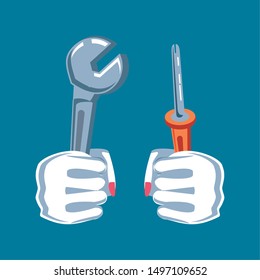 hands fist power with wrench and screwdriver