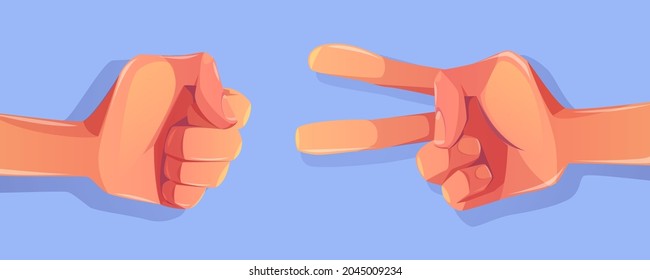 Hands In Fist And Victory Symbol. Rock, Paper, Scissors Hand Game Gestures. Vector Cartoon Illustration Of Human Arms Playing In Gesturing Game Isolated On Blue Background