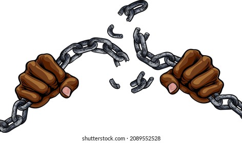 Hands in fists breaking a chain freedom concept design