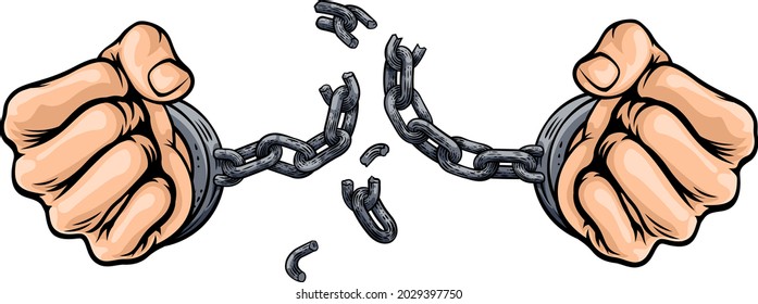 Hands in fists breaking the chain of shackle cuffs freedom concept design