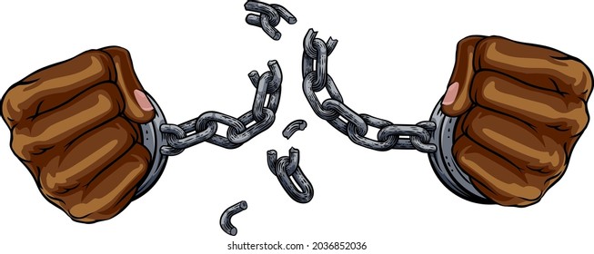 Hands in fists breaking the chain of shackle cuffs freedom concept design