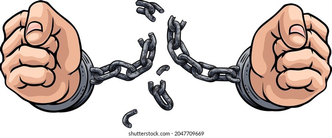 Hands in fists breaking the chain of shackle cuffs freedom concept design