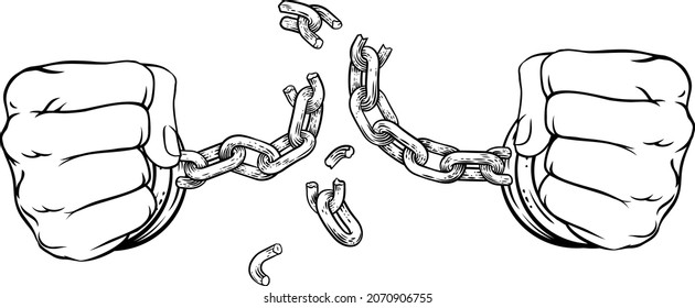 Hands In Fists Breaking The Chain Of Shackle Cuffs Freedom Concept Design