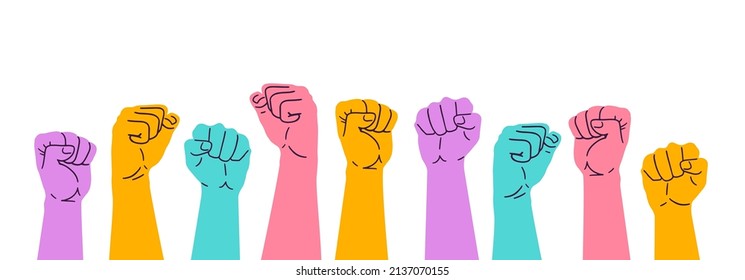 Hands with fists raised up. Mass gathering of people defending their rights. Vector illustration