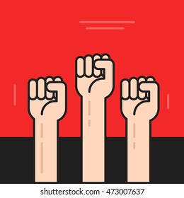 Hands with fists raised up vector poster, symbol of protest, revolution 