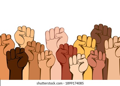 Hands with fists are a symbol of protest and struggle. A movement or party of people fighting for their rights on white. Justice, independence, anti-racism, discrimination, anti-terror, peace, freedom