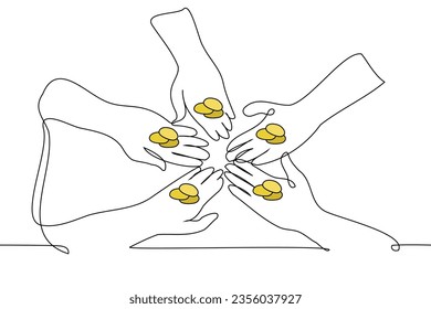 manos de cinco personas con monedas de oro divididas equitativamente - un vector de arte de una línea. dividendos conceptuales para los inversores, distribución justa de beneficios, trabajo de pago por partes en efectivo