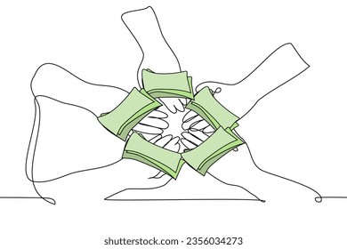 hands of five people with paper money divided equally - one line art vector. concept dividends to investors, fair distribution of profits, piecework payment work in cash