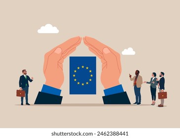 Hands with flag European Union. Safety investment or all weather portfolio in European Union. Wellbeing metaphor. Flat vector illustration