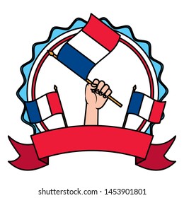 hands with flags happy bastille day flat design vector illustration