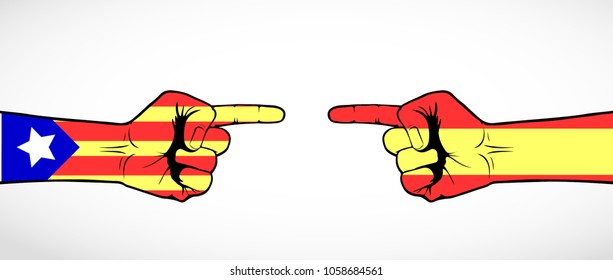 Hands with the flags of Spain and Catalonia pointing to each other