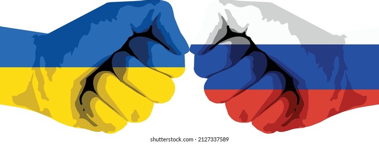 Hands with flags of Ukraine and Russia. Conflict between Russia and Ukraine. Isolated. Vector illustration on white background