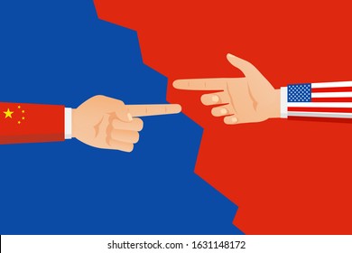 Hands with flags of USSR and United States of America pointing each other. Confrontation between USSR and USA vector illustration. Conflict, discussion between two superstates, cold war flat concept.