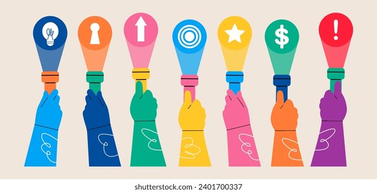 Hands with flashlight shines on the Various icons.  Dollar icon, arrow, goal, star, light bulb. Colorful vector illustration
