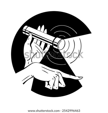 Hands with a flashlight. A woman exposes secrets, deceit and betrayal. Take by surprise. Expressive hand gesture. Search concept. Vector black and white art illustration. Comic hand drawn ink