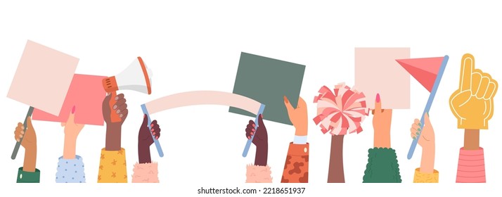 Hands up flat icons set. Fun foam finger and football attributes. Show support by different ways. Megaphone, cheerleader pom poms, flags. Hand with numbers for cheering. Color isolated illustrations