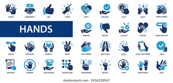 Hands flat icons set. Gesture, like, holding, click, scroll icons and more signs. Flat icon collection.