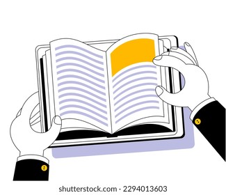 Hands flipping through a book on a tablet. A contour-style illustration on the topic of e-education and e-books.