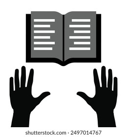 Manos e iconos flotantes del libro en escala gris aislados sobre fondo blanco.