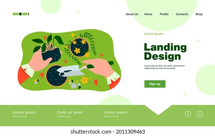 Hands of florist taking care about plants in pots, holding houseplant and digging soil with shovel. Vector illustration for home interior, decoration, floristry, gardening job in greenhouse concept