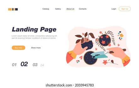 Hands of florist taking care about plants in pots, holding houseplant and digging soil with shovel. Vector illustration for home interior, decoration, floristry, gardening job in greenhouse concept