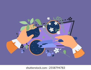 Hands of florist taking care about plants in pots, holding houseplant and digging soil with shovel. Vector illustration for home interior, decoration, floristry, gardening job in greenhouse concept