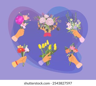 Mãos de floristas segurando buquês conjunto de ilustrações vetoriais. Coleção de cachos decorativos de flores, plantas com flores isoladas sobre fundo branco. primavera, botânica, natureza, conceito de casamento