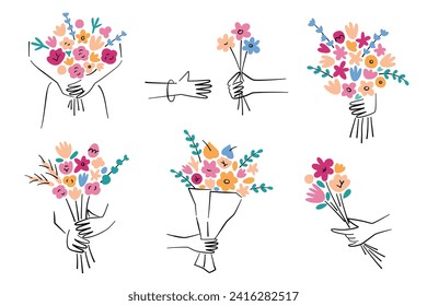 Hands with flower bouquets, flowers hand drawn collection, vector illustrations of floral arrangements in human hands, presents for birthday, Valentines Day, Mothers Day, gift for Womens Day