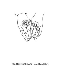 Hands and flowers between fingers. Woman receiving manicure at spa, close-up. Coloring book